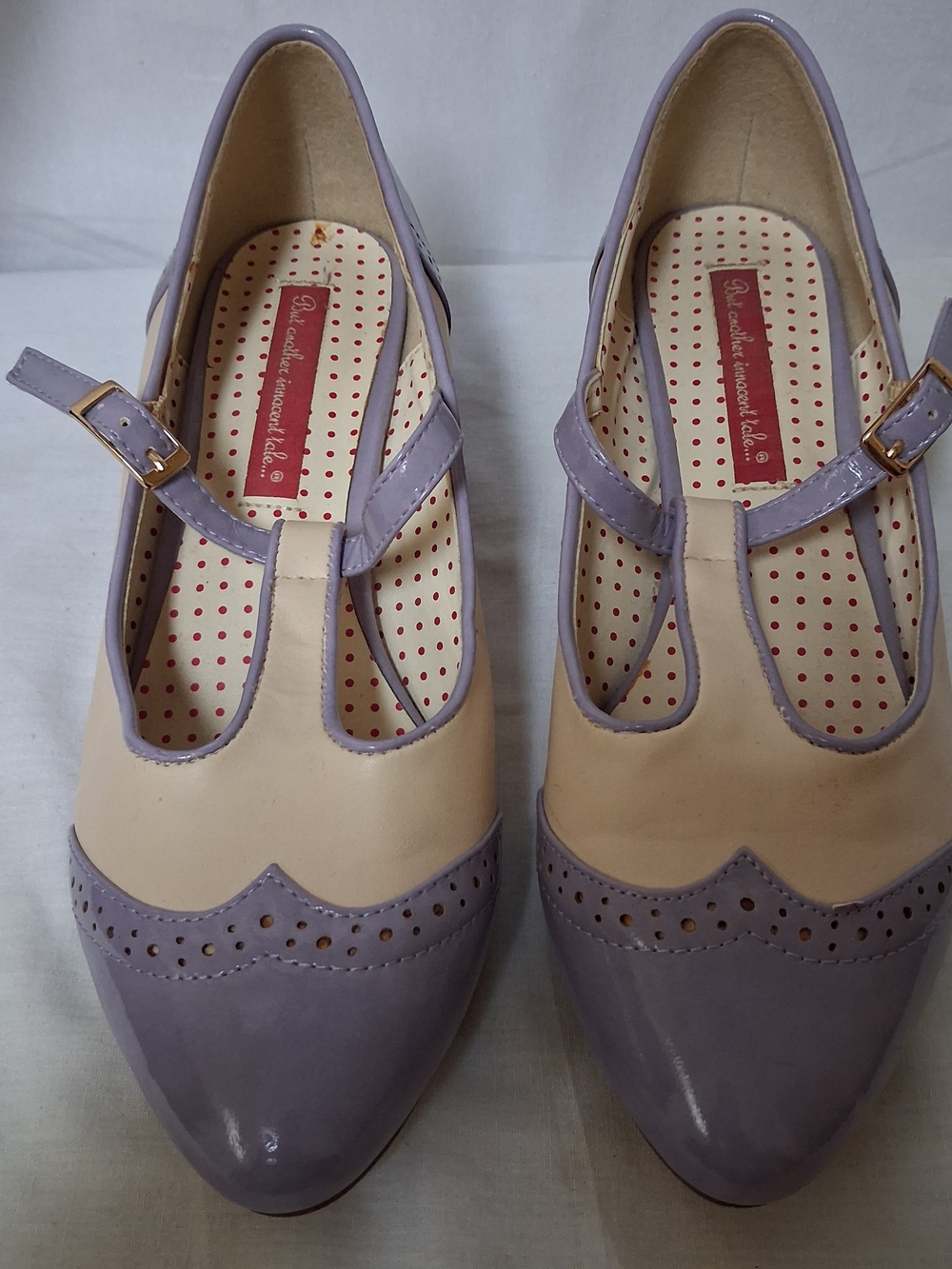 But Another Innocent Tale Lavender Cream T-Strap Wingtip Wedge Heels Womens 9